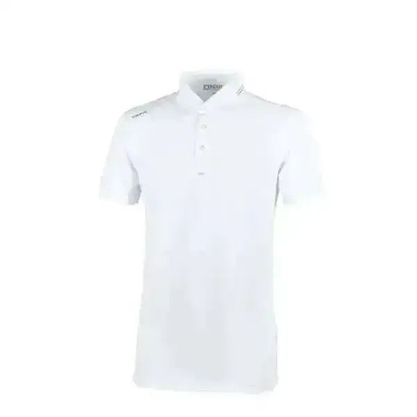 White short-sleeved polo shirt with collar and subtle chest branding for sporty functional use pikeur abrod mens competition