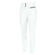 White pikeur candela grip seat high waist breeches with three black buttons and gray brand label at the waist