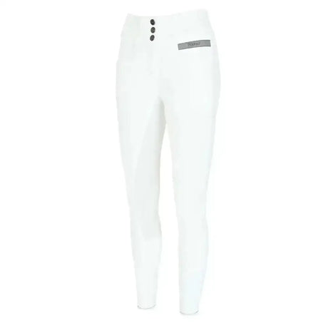 White pikeur candela grip seat high waist breeches with three black buttons and gray brand label at the waist