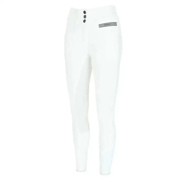 White pikeur candela grip seat high waist breeches with three black buttons and gray brand label at the waist