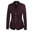 A dark burgundy pikeur paulin competition riding jacket with gold-toned ornamental studs and zipper pockets in tailored fit