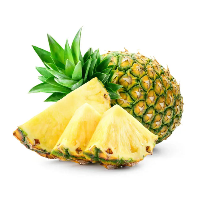 A whole pineapple with a green crown and golden-yellow rind plus three juicy slices perfect for equestrian snack breaks