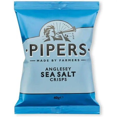 A vibrant blue glossy plastic bag of pipers anglesey salt crisps featuring anglesey sea salt flavor