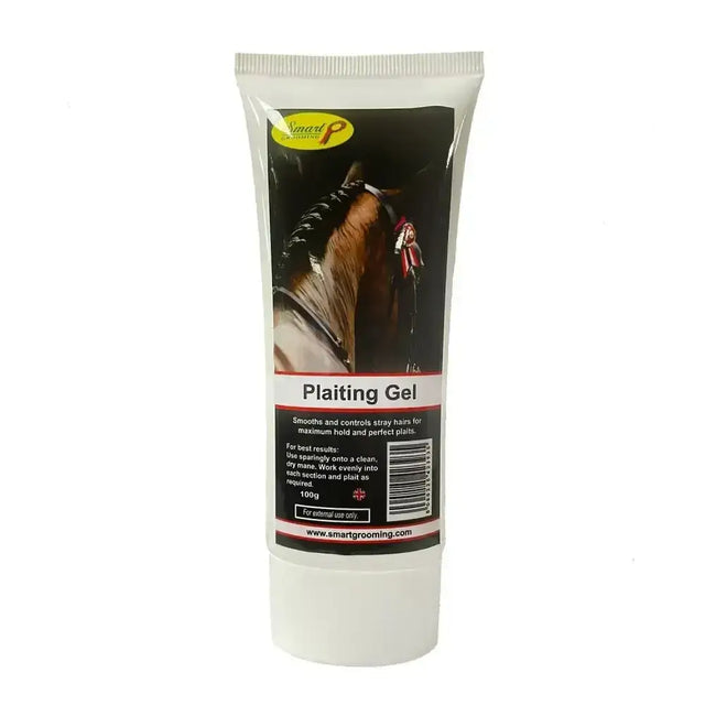 White tube of smart grooming plaiting gel with black label showing a horse neck and red ribbon clear gel providing tackiness