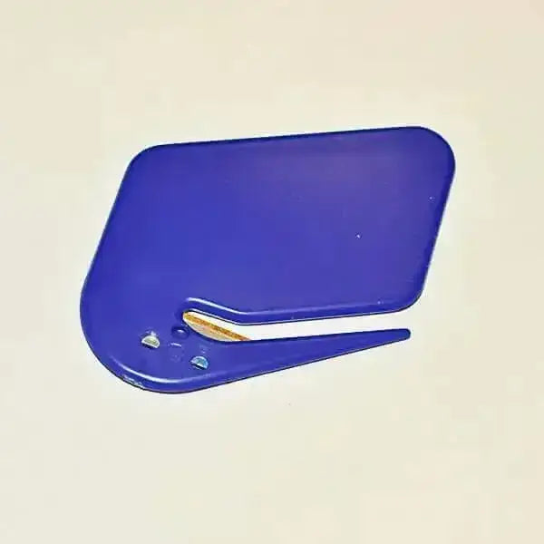 Blue plastic plaiting knife with gold blade and white guide strip perfect for cutting thread and plaiting scissors use