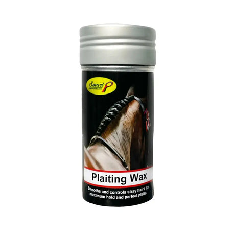 Smart grooming plaiting wax in a sleek black container with silver lid featuring a horse mane image and product details