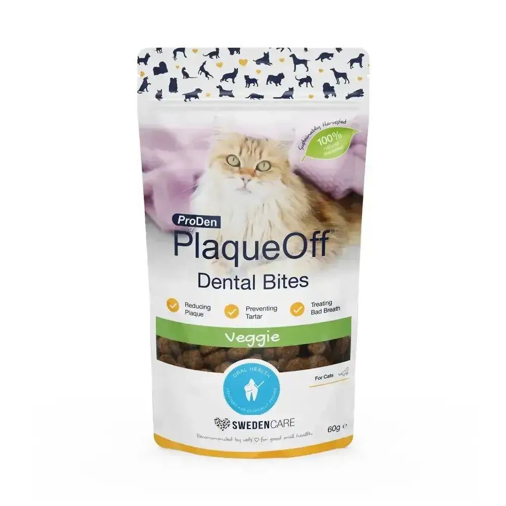 Proden plaqueoff dental bites veggie cat treats pouch with fluffy orange tabby and brown treats visible branded swedishcare