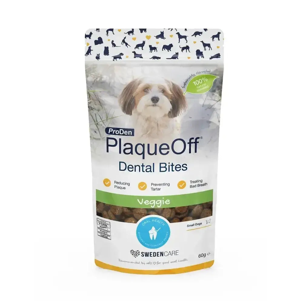 Proden plaqueoff dental bites veggie treat pouch for small dogs in white and green with a fluffy dog, works systemically