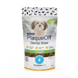 Proden plaqueoff dental bites veggie treat pouch for small dogs in white and green with a fluffy dog, works systemically