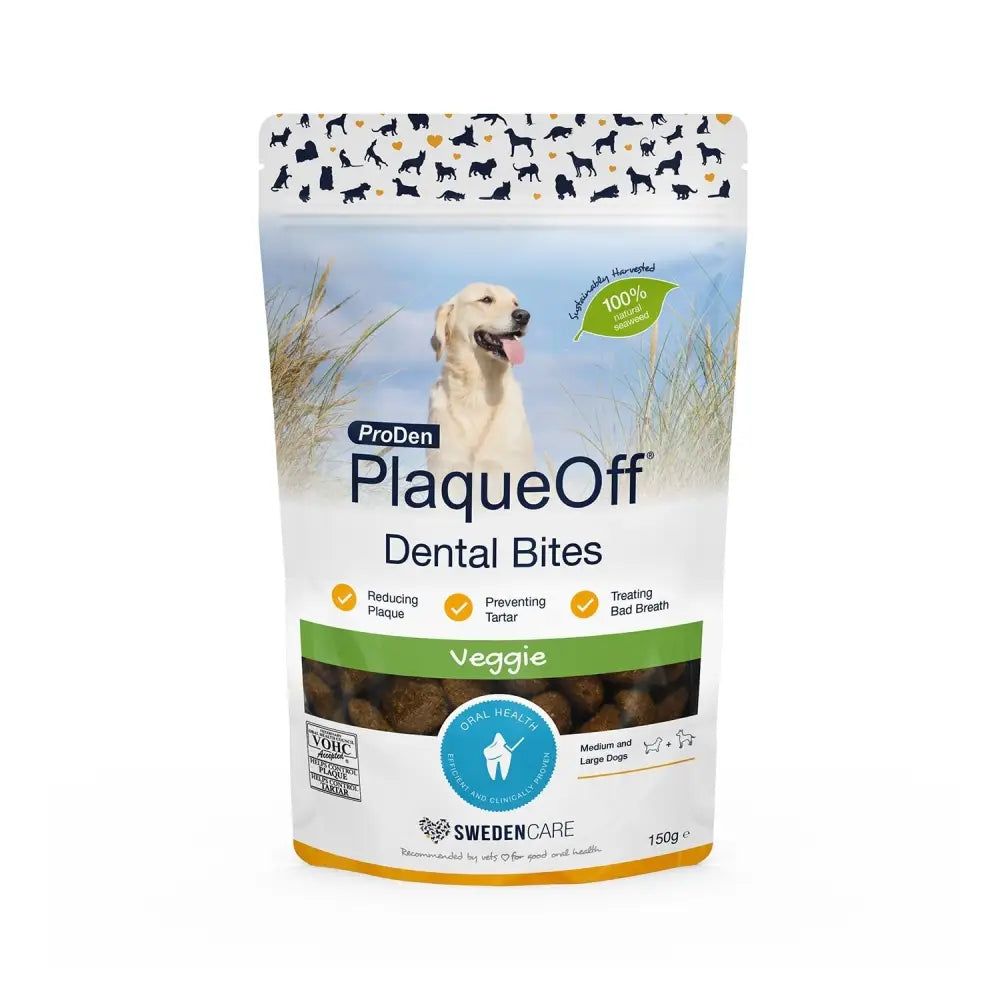 Proden plaqueoff dental bites veggie dog treats in resealable white green pouch with golden retriever image works systemically