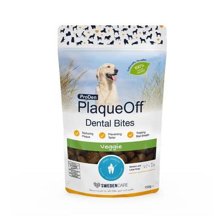 Proden plaqueoff dental bites veggie dog treats in resealable white green pouch with golden retriever image works systemically