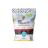 Plaqueoff dental care bones turkey and cranberry flavor in a white bag with blue dog silhouettes for dental care