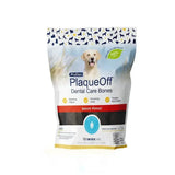Plaqueoff dental care bones in bacon flavor in white and red pouch with golden retriever image for dental care