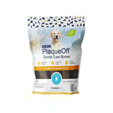 Plaqueoff dental care bones in white and orange package with golden retriever image chicken and pumpkin flavor