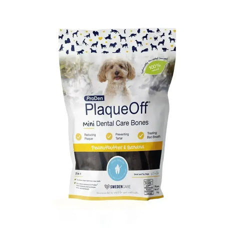 Proden plaqueoff mini dental care bones peanut butter banana flavor in white bag with black dog silhouettes for small toy dogs