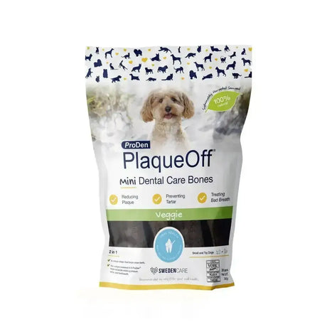 Proden plaqueoff mini dental care bones veggie flavored treats in white and green package with fluffy dog photo