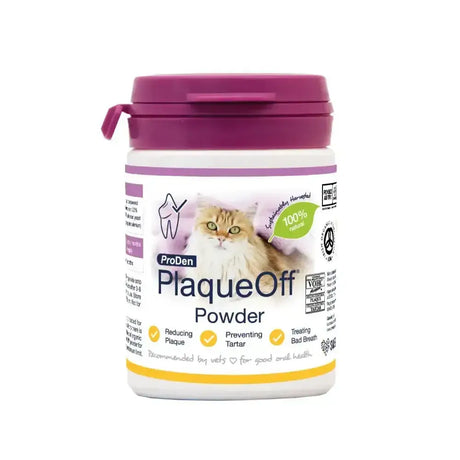 Proden plaqueoff powder cat in a white jar with purple lid and label helps with oral hygiene problems like bad breath in cats