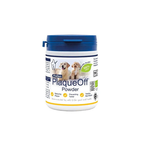 Proden plaqueoff powder in a white container with blue lid and dogs on label helps natural supplement for oral hygiene problems