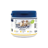 Proden plaqueoff powder in a white jar with blue lid is a natural supplement for dogs to tackle oral hygiene problems