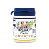 White cylindrical container with blue flip-top lid and yellow band labeled proden plaqueoff powder for pet oral hygiene problems