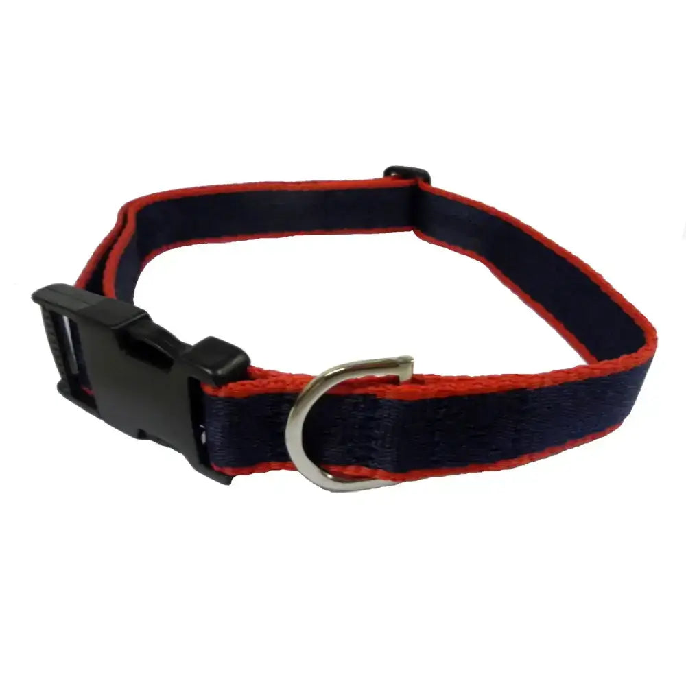 Navy blue and red woven dog collar with plastic buckle quick release and silver d-ring made of polypropylene webbing