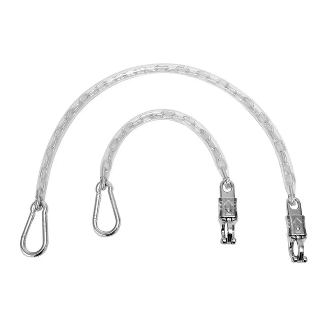 Silver-toned plastic coated chain short with transparent flexible design and metal carabiner clips on each end