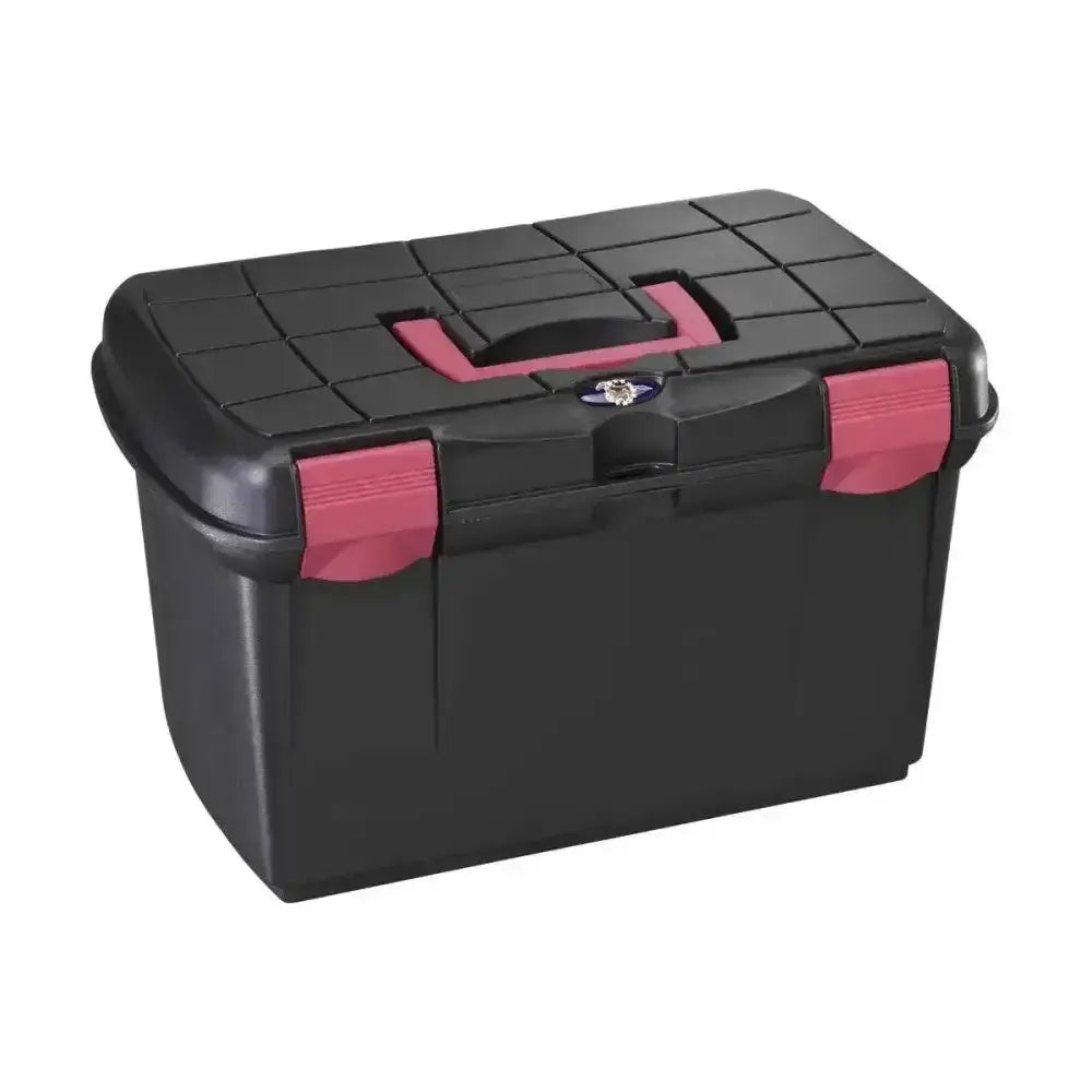 Black plastica panaro tack box medium with pink handle accents and latches stackable grooming box for easy storage