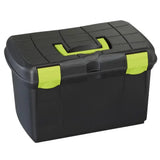 Black plastic plastica panaro tack box medium with lime green handle and latches for stackable grooming box use