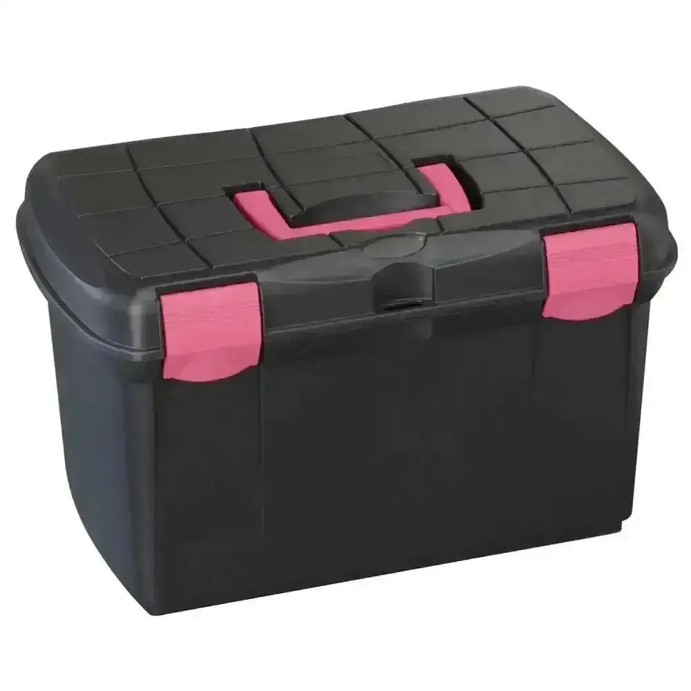 Black plastica panaro tack box medium with pink handle and latches stackable grooming box for easy storage