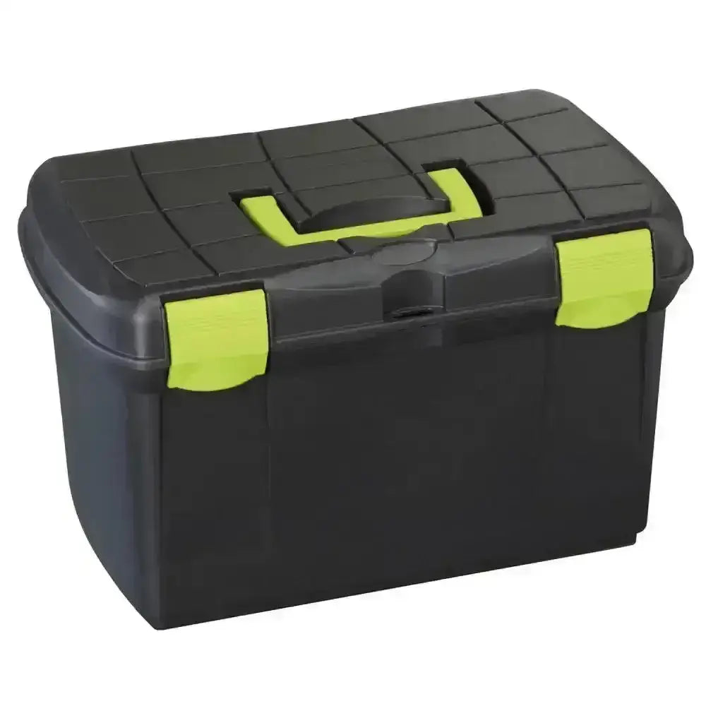 Black plastica panaro tack box medium with lime green handle and latches stackable grooming box for easy storage