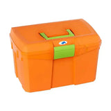 Bright orange plastica panaro tack box medium reinforced with lime green handle and latch for horse care storage