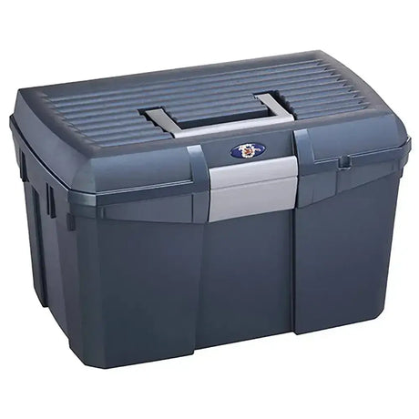 Dark gray plastica panaro tack box medium made of plastic with silver handle latch and ribbed lid for easy carrying