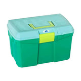 Green and light blue plastica panaro tack box medium reinforced with lime green handle for horse tack storage