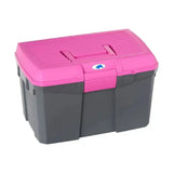 Pink and gray plastica panaro tack box medium reinforced with ridged lid and blue logo for horse tack storage