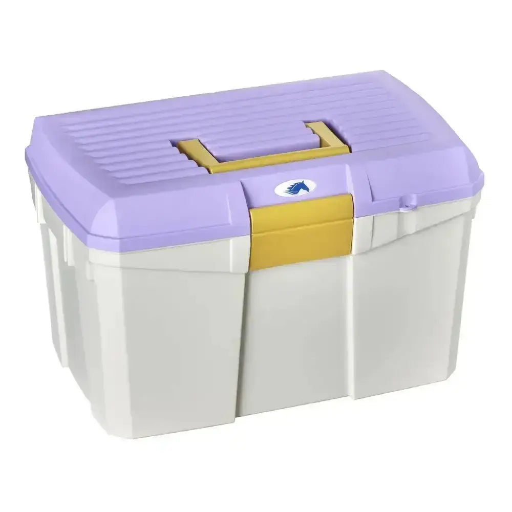 Purple and yellow plastica panaro tack box medium made of plastic with ridged lid and handle for horse care storage