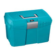 Teal plastica panaro tack box medium with silver metal handle and latch made of sturdy plastic for tool storage