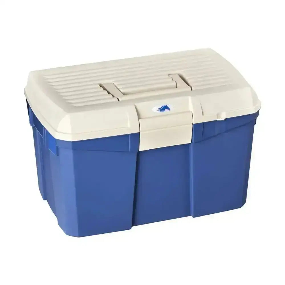 Blue and beige plastica panaro tack box medium with ridged lid and side handles for horse tack storage
