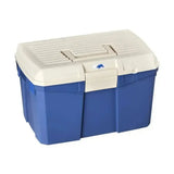 Blue and beige plastica panaro tack box medium with ridged lid and side handles for horse tack storage