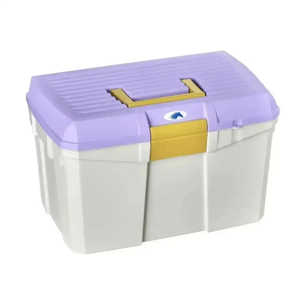 Purple and white plastica panaro tack box medium reinforced with yellow handle accents for horse care storage