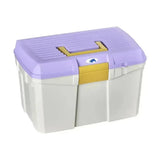 Purple and white plastica panaro tack box medium reinforced with yellow handle accents for horse care storage
