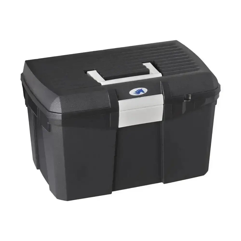 Black plastic plastica panaro tack box medium with white handle and latch featuring blue logo on lid