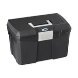 Black plastic plastica panaro tack box medium with white handle and latch featuring blue logo on lid