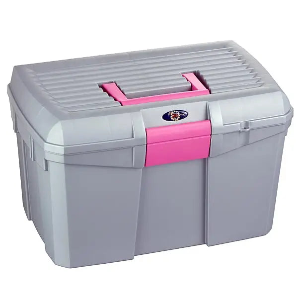 Gray plastic plastica panaro tack box medium with pink handle and latch for secure horse trailer storage