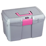 Gray plastic plastica panaro tack box medium with pink handle and latch for secure horse trailer storage