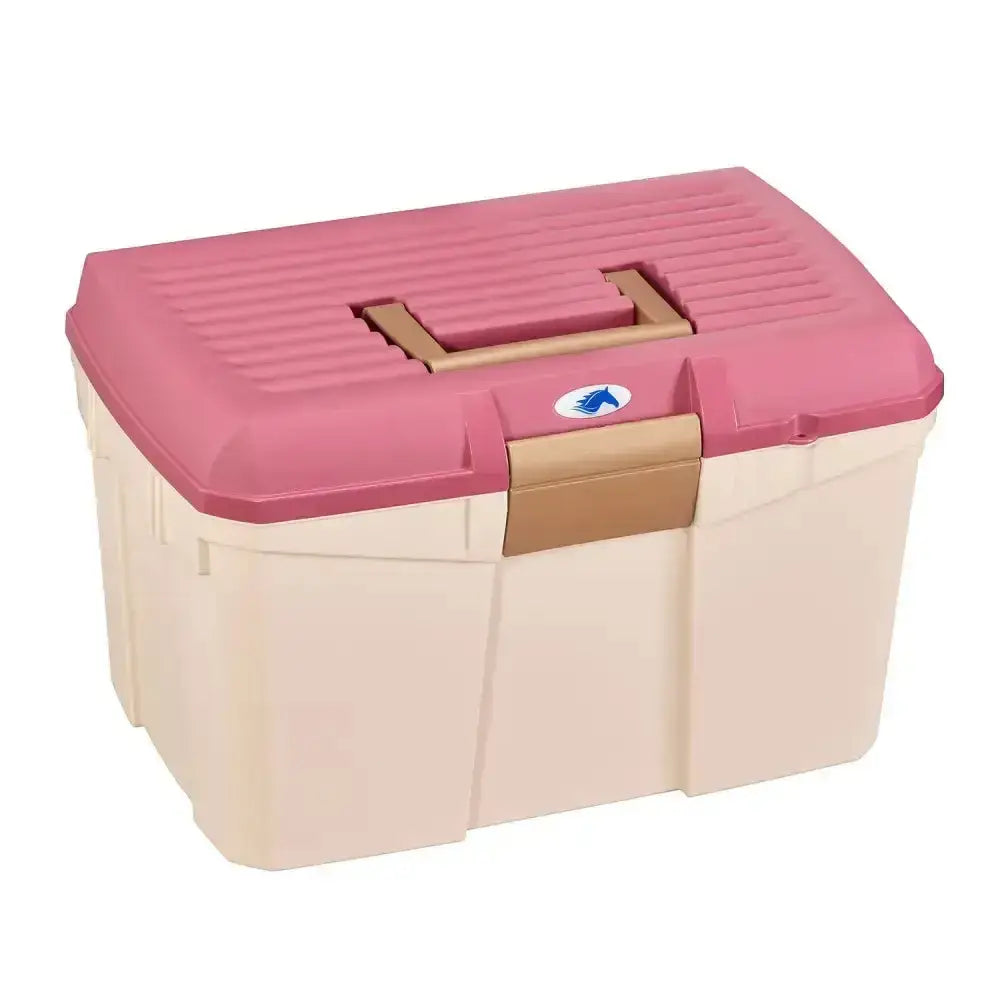 Pink and beige plastica panaro tack box medium reinforced with gold handle and latch for horse care storage