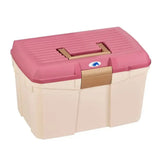 Pink and beige plastica panaro tack box medium reinforced with gold handle and latch for horse care storage