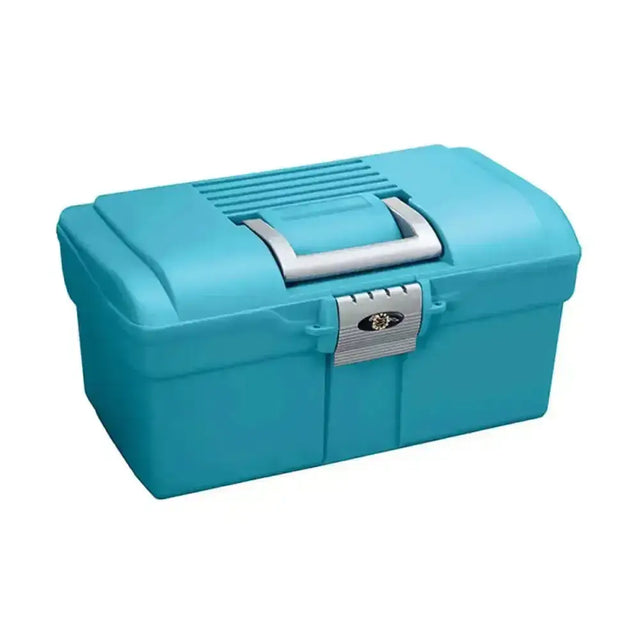 Teal plastica panaro tack box small with silver handle and latch stackable grooming box for easy storage