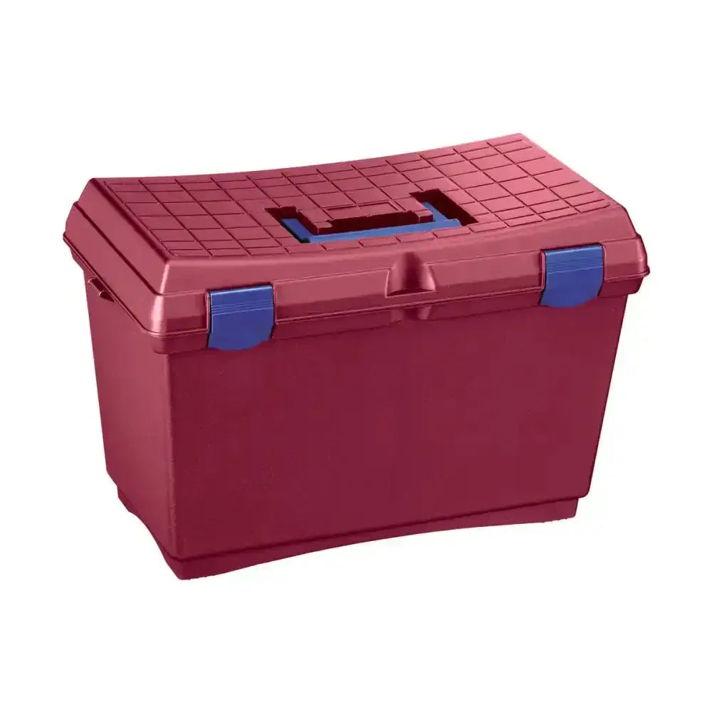 Red plastic Plastica Panaro tack box x-large with blue latches and textured grid pattern on the lid