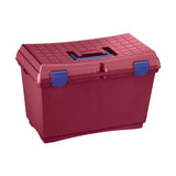 Red plastic Plastica Panaro tack box x-large with blue latches and textured grid pattern on the lid