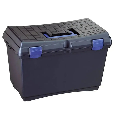 Black plastica panaro tack box x-large with blue latches and textured grid lid made of durable plastic storage tote